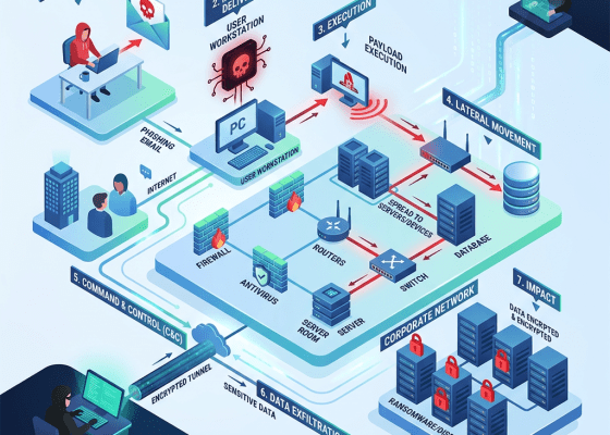 Cyberattack diagram showing ransomware stages across a corporate network
