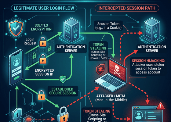 Infographic text: Secure Account Connections With an Intercepted Session Path; Legitimate User Login Flow; SSL/TLS Encryption; Login Request; Encrypted Session ID; Authentication Server; Established Secure Session; User Logged Out or Access Denied; Intercepted Session Path; Session Token (e.g., in a Cookie); Token Stealing (Cross-Site Scripting or Cookie Theft); Attacker / MITM (Man-in-the-Middle); Session Hijacking: Attacker uses stolen session token to access account; Compromised User Account.