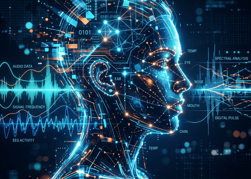 Digital human profile labeled AUDIO DATA, EEG ACTIVITY, TEMP., EYE, EAR, NOSE, MOUTH, CHIN, and SPECTRAL ANALYSIS