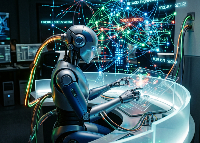 Humanoid robot monitoring network labeled threat detected, firewall active, and node secure