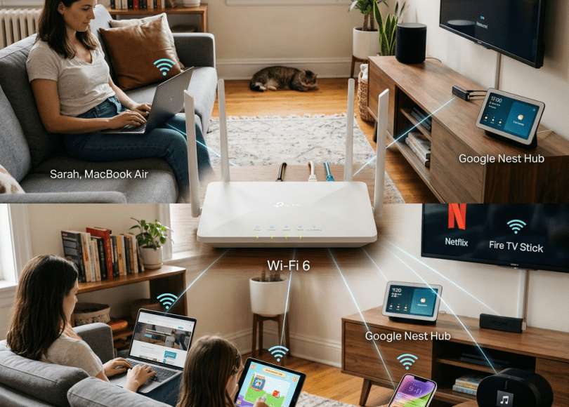 Wi-Fi 6 connects Sarah’s MacBook Air, Google Nest Hub, Netflix Fire TV Stick, iPhone 14, and Sonos Era 100.