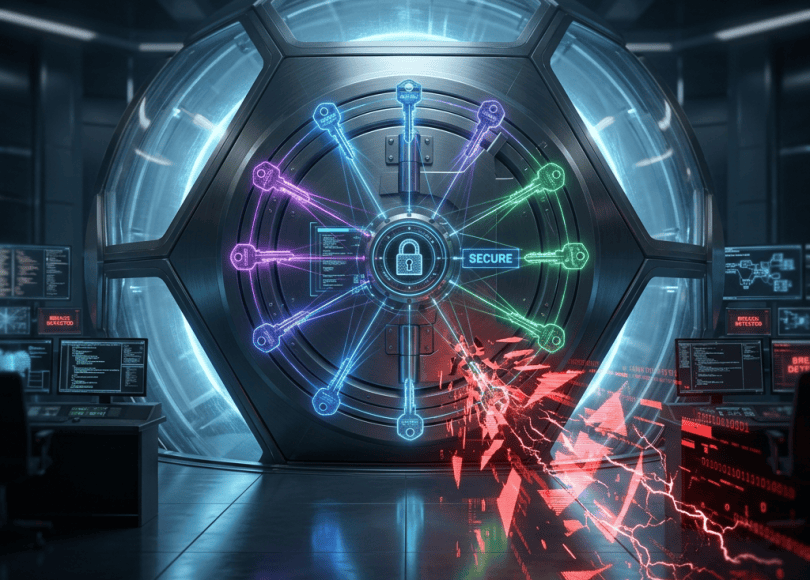 Futuristic security hub with connected keys, lock, and red cyberattack warning