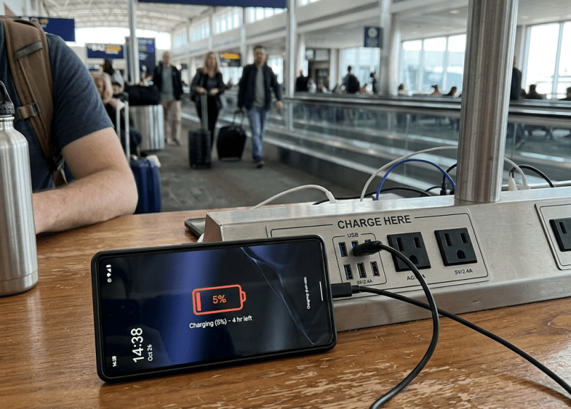 Phone at 5% charging beside “CHARGE HERE” outlets under a B42 Paris departures sign