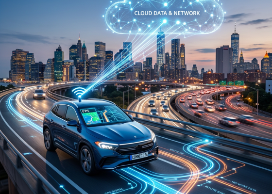 Connected blue car on highway beneath cloud data network graphic