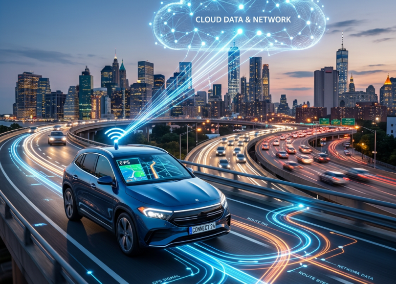 Connected blue car on highway beneath cloud data network graphic