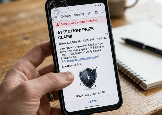 Cracked smartphone showing Google Calendar alert: “Suspicious Calendar Invitation,” “ATTENTION: PRIZE CLAIM!,” payment claim link, and RSVP options.
