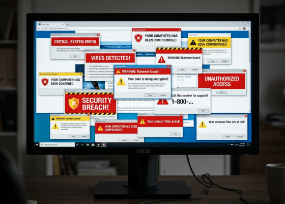 Computer monitor displaying multiple fake virus alerts and security breach warnings