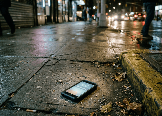 Smartphone displaying 12:47 on a wet city sidewalk at night