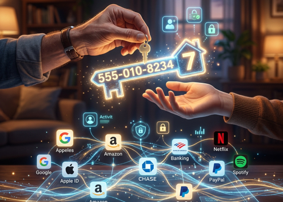Hands exchange a glowing key labeled 555-010-8234, surrounded by account and service icons.