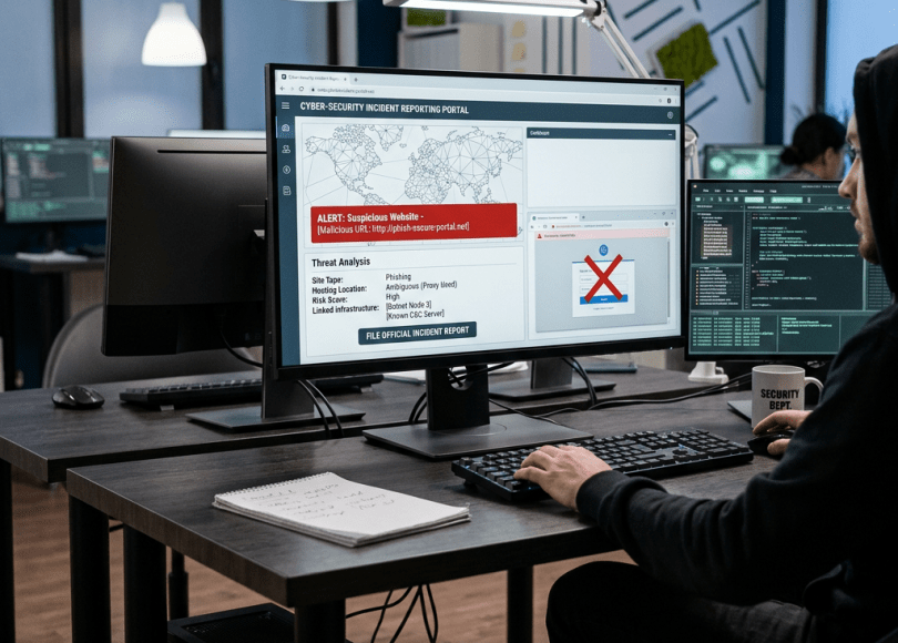 Analyst viewing a cyber-security incident reporting portal warning of a suspicious website
