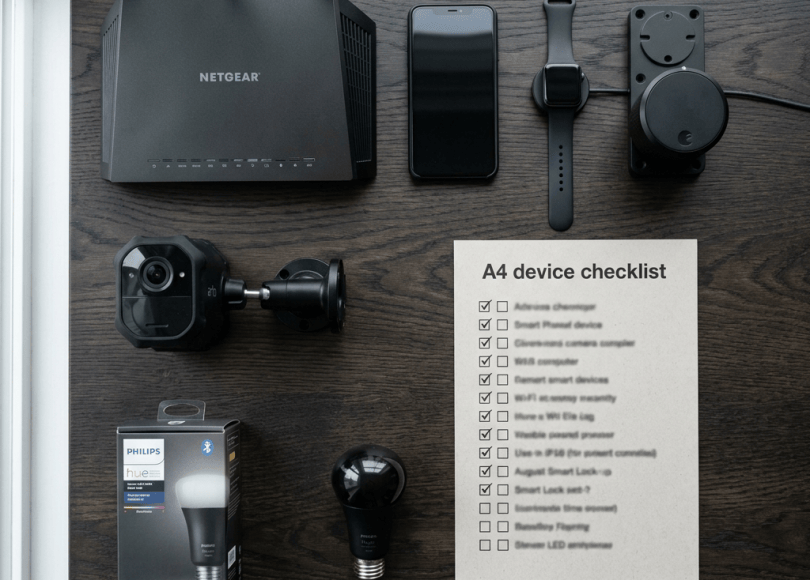 NETGEAR router, smartphone, smartwatch, cameras, Philips Hue bulb, and checklist labeled A4 device checklist