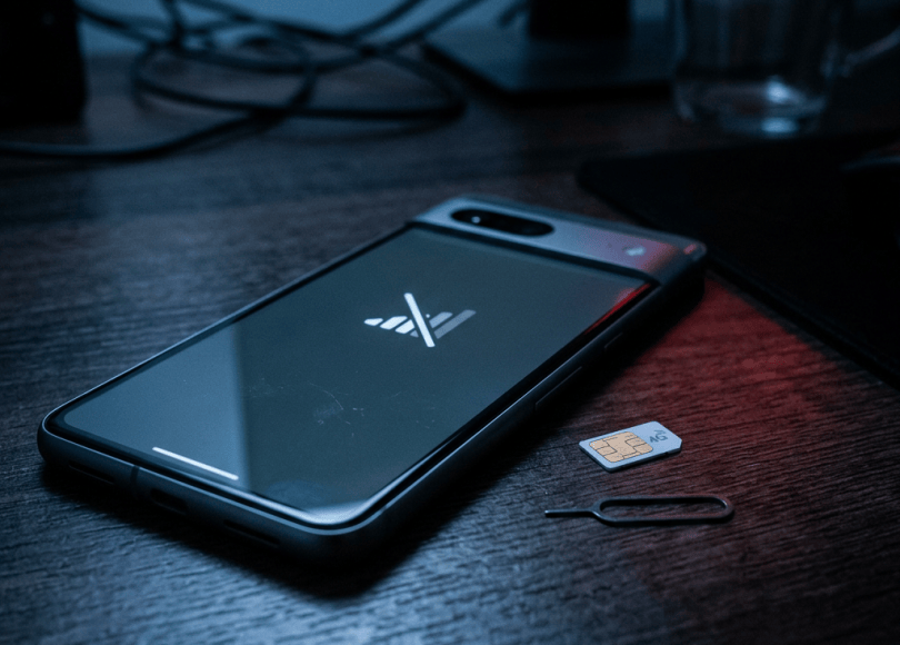 Smartphone beside a SIM card and SIM removal tool