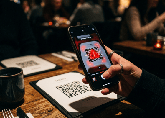 Hand holding smartphone scanning QR code on restaurant menu