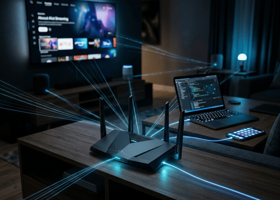 Wi-Fi router connecting a television, laptop, speakers, and tablet