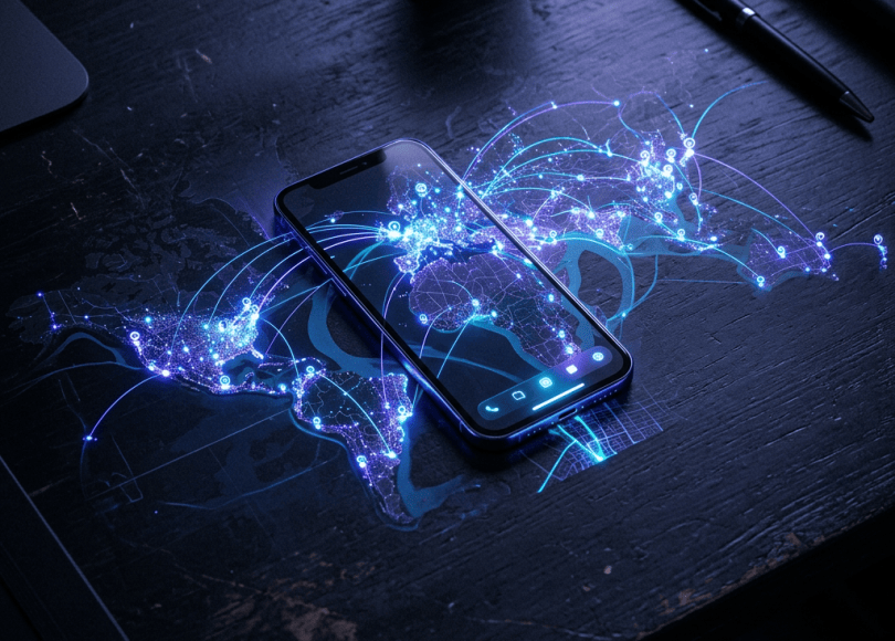 Smartphone over a glowing world map with digital connection lines