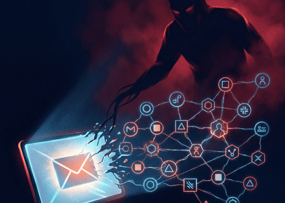Shadowy digital figure above glowing envelope and interconnected network icons