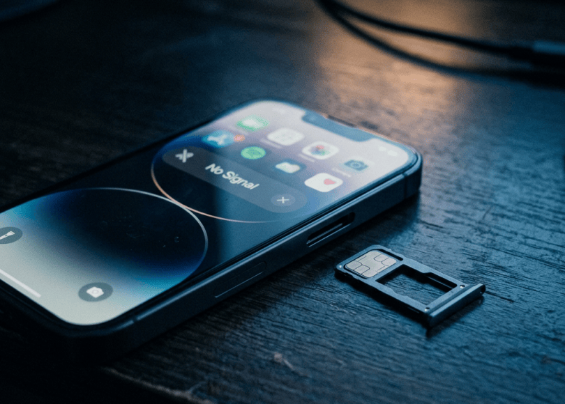 Smartphone showing “No Signal” beside a removed SIM card tray