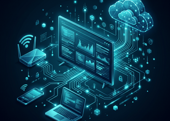 Illustration of devices connected to cloud computing and analytics networks