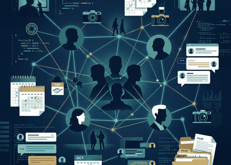 Digital network connecting people, code, calendars, messages, cameras, and files