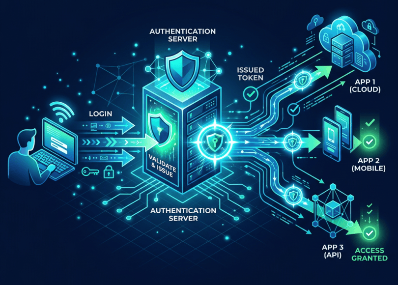 Authentication server validates login, issues token, and grants access to three apps