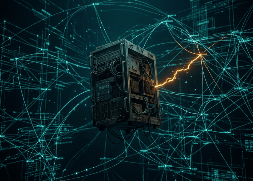 Rugged server surrounded by glowing interconnected digital network lines