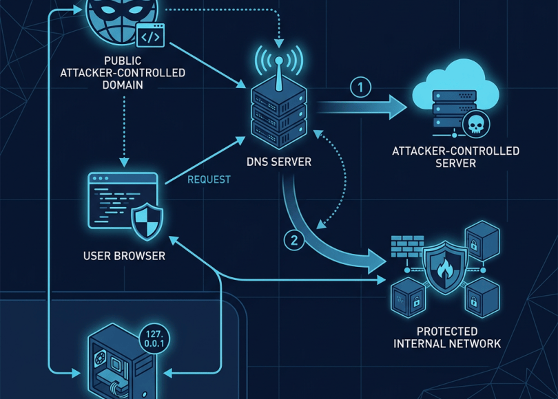 Diagram labeled Public Attacker-Controlled Domain, User Browser, Localhost Service, DNS Server, Attacker-Controlled Server, and Protected Internal Network, with numbered request flows 1 and 2.