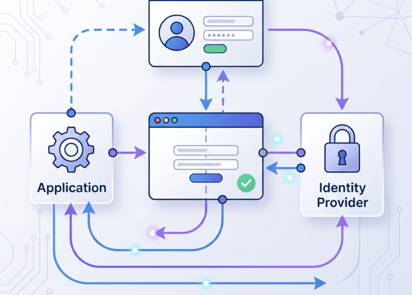 Authentication flow diagram labeled Application and Identity Provider
