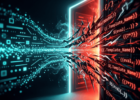 Abstract neon data streams colliding with code-filled server panels