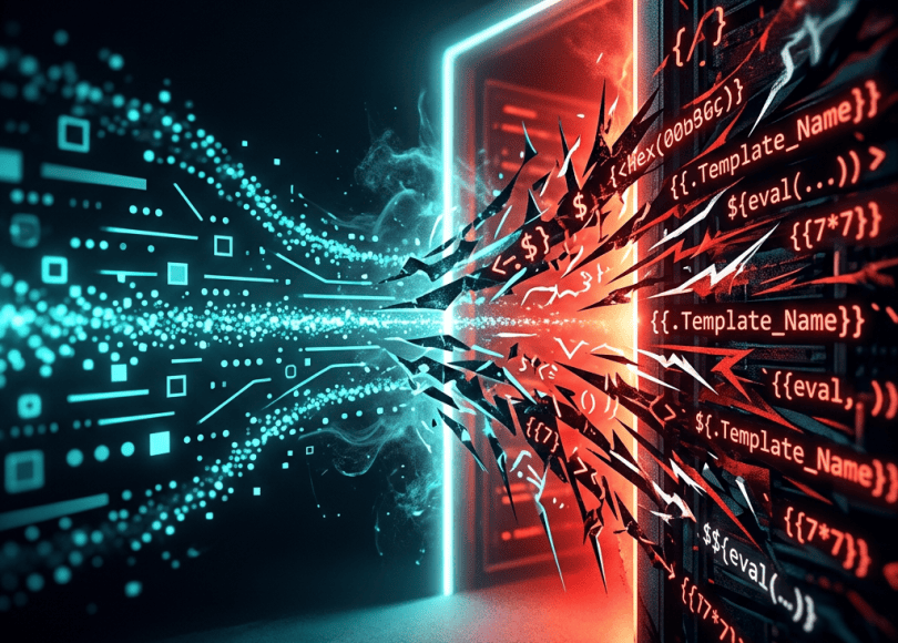 Abstract neon data streams colliding with code-filled server panels