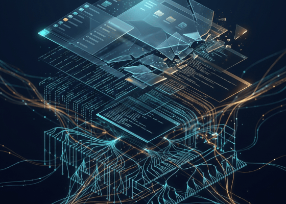 Glowing digital interfaces, code, and circuitry forming a futuristic cybersecurity concept