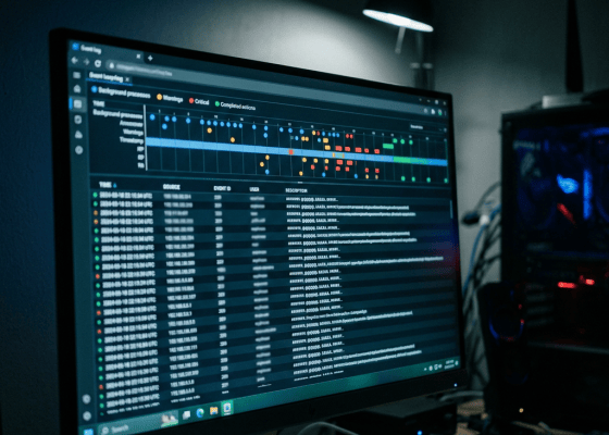 Monitor displaying a real-time system monitoring dashboard with event logs