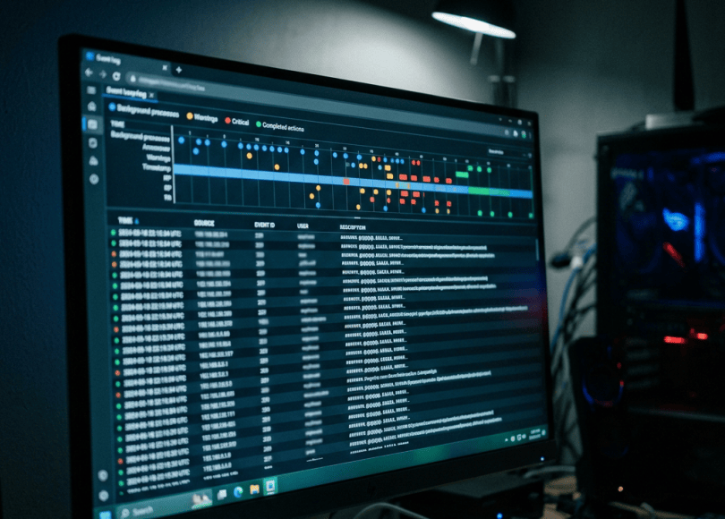 Monitor displaying a real-time system monitoring dashboard with event logs