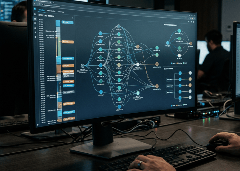 Analyst using keyboard while monitoring a network diagram on a computer screen