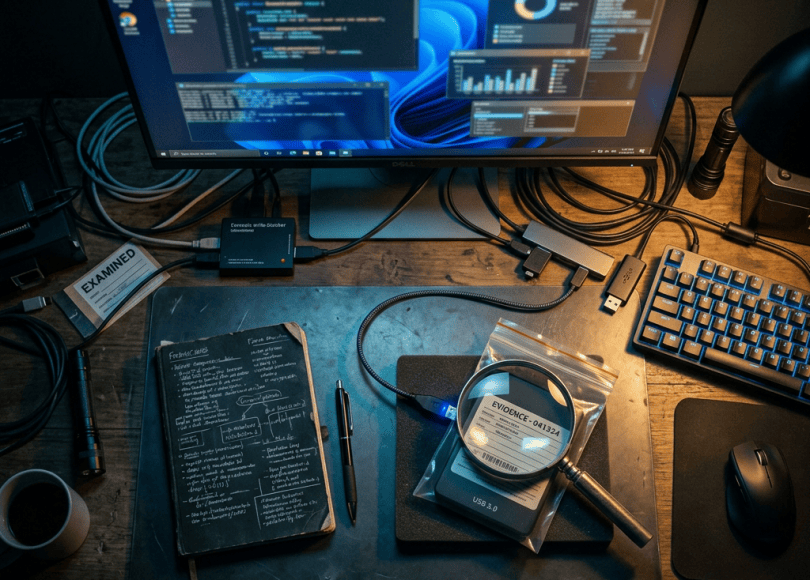 Digital forensics workstation with computer code, evidence bag, magnifying glass, and notebook
