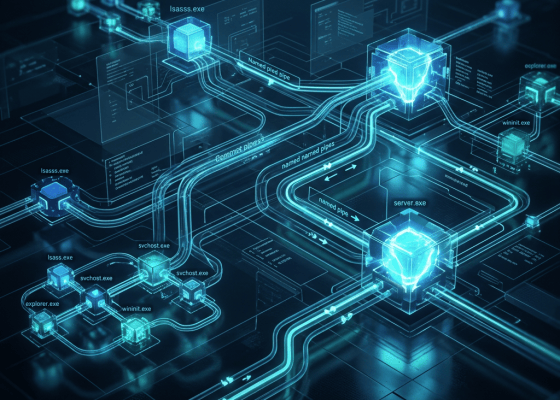 Cybersecurity diagram showing Windows processes connected by glowing named pipes