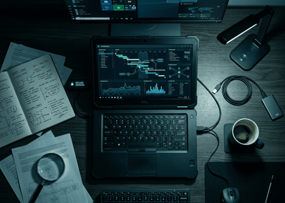 Cybersecurity workstation with dashboards, technical documents, and computer equipment
