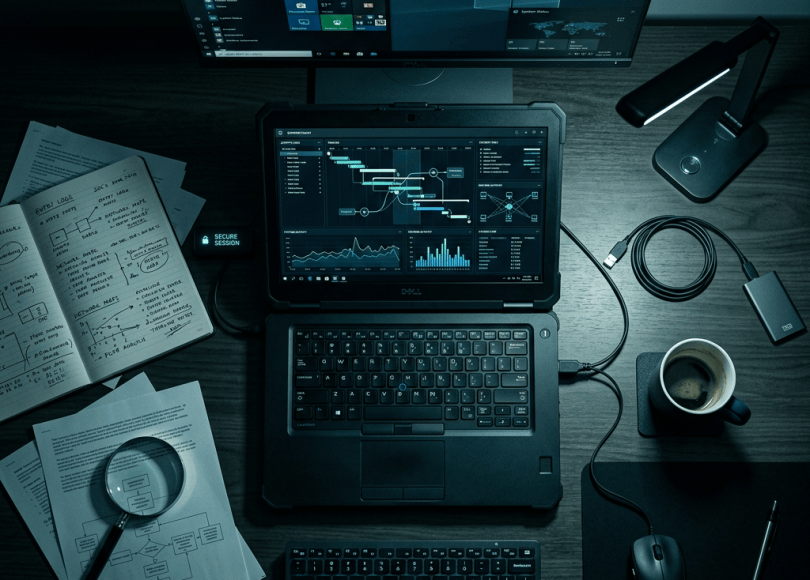 Cybersecurity workstation with dashboards, technical documents, and computer equipment