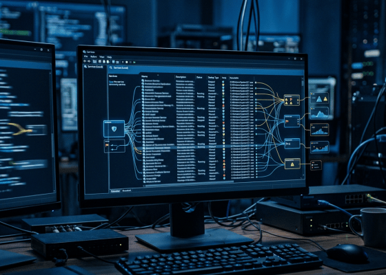 Cybersecurity workstation showing a network monitoring dashboard with connected threat alerts