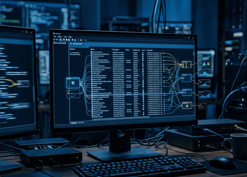 Cybersecurity workstation showing a network monitoring dashboard with connected threat alerts