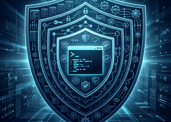 Glowing cybersecurity shield surrounding a command-line terminal with locks and security icons