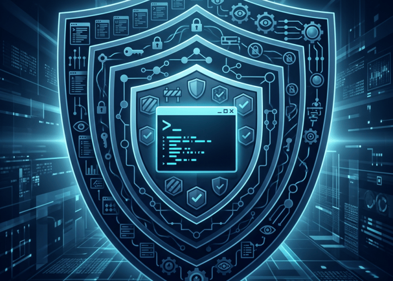 Glowing cybersecurity shield surrounding a command-line terminal with locks and security icons