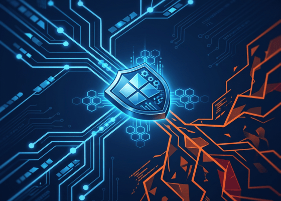 Glowing cybersecurity shield separating blue digital circuits from orange fractured threats