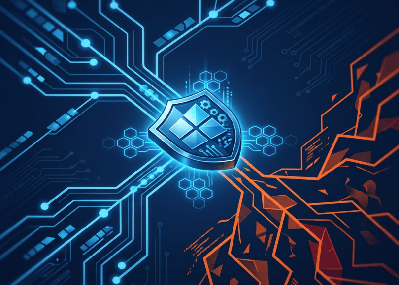Glowing cybersecurity shield separating blue digital circuits from orange fractured threats