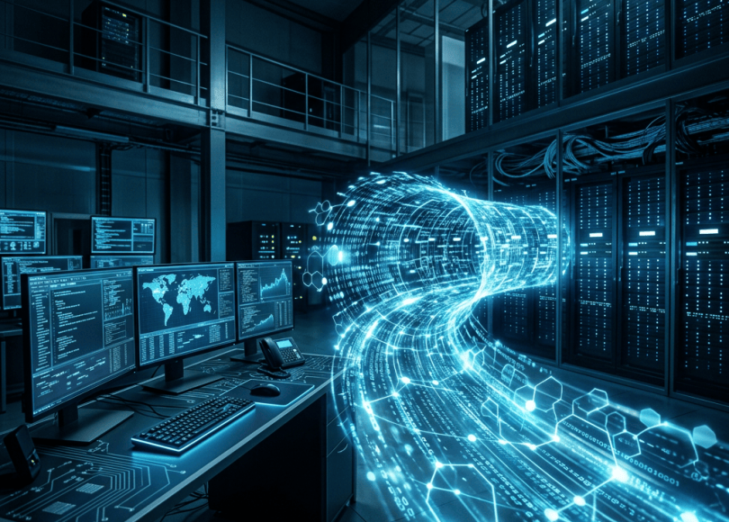 Glowing digital data stream flowing through a server room