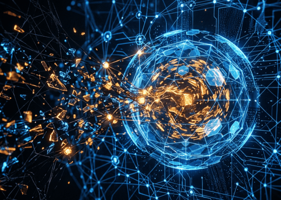 Glowing digital globe surrounded by blue network connections and golden data streams