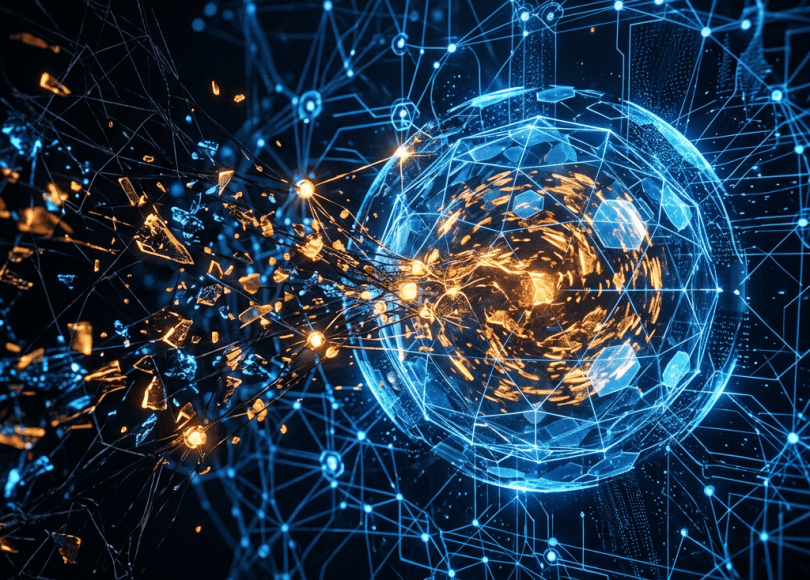 Glowing digital globe surrounded by blue network connections and golden data streams