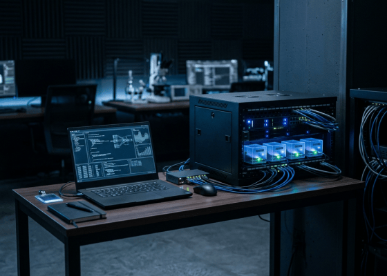 Laptop beside an illuminated rack server with connected blue cables