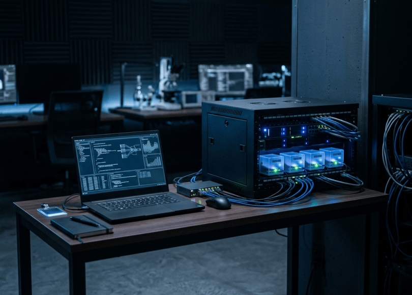 Laptop beside an illuminated rack server with connected blue cables