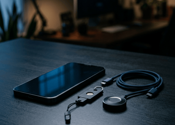 Smartphone beside USB-C cable, security key, and wireless charging puck