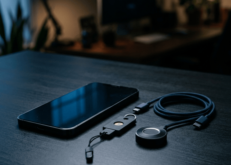 Smartphone beside USB-C cable, security key, and wireless charging puck